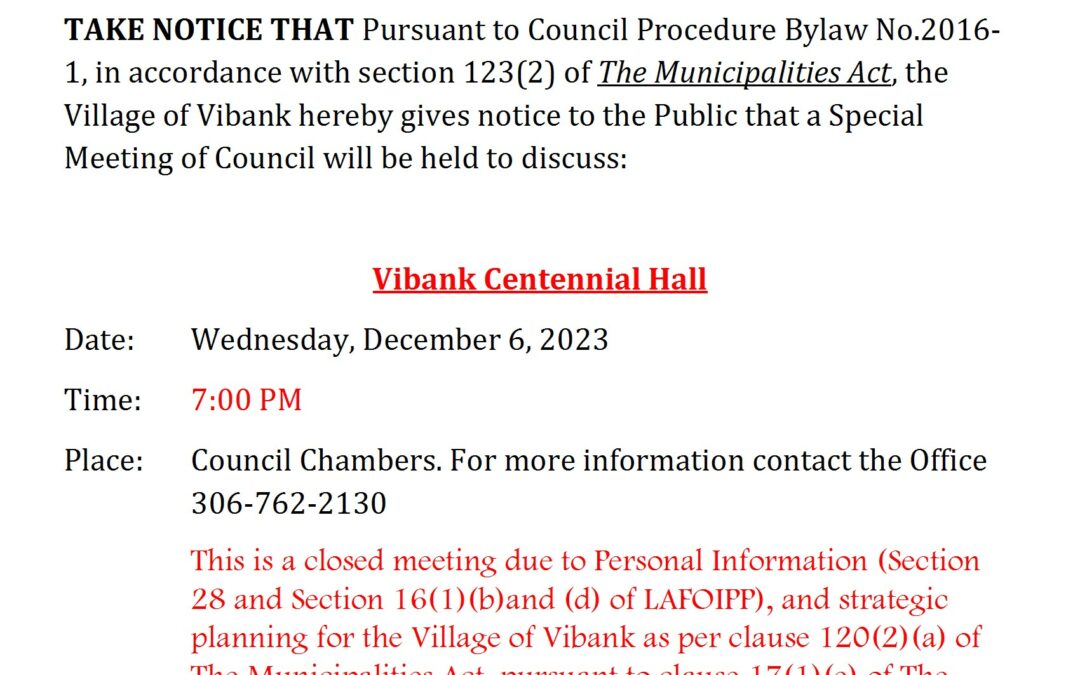 Special Meeting Moved to December 6, 2023 7pm
